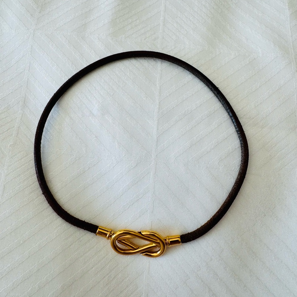HERMES Dark Brown Plated Leather Choker/ Bracelet